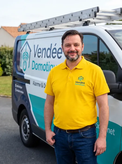 Arnauld, in a Vendée Domotique polo shirt, in front of his work van