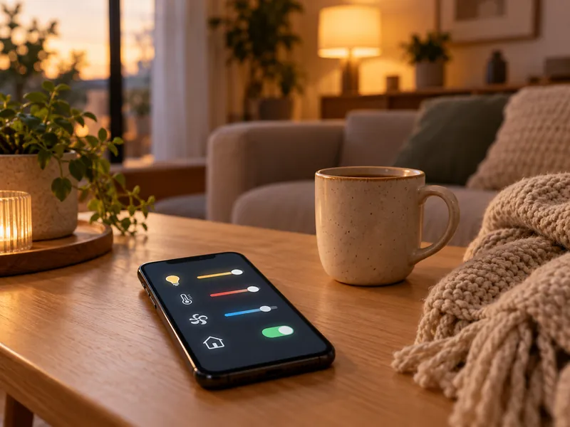 Téléphone posé sur une table basse de salon, écran allumé, à côté d'une tasse