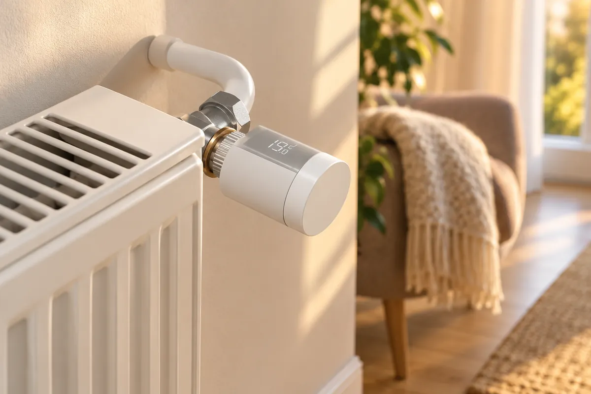 Tête thermostatique connectée blanche à petit écran, vissée sur le robinet d'un radiateur à eau dans un salon lumineux