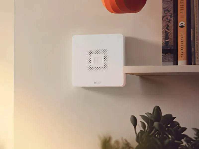 Hub Tyxal+ de Delta Dore fixé au mur d'un salon, près d'une étagère