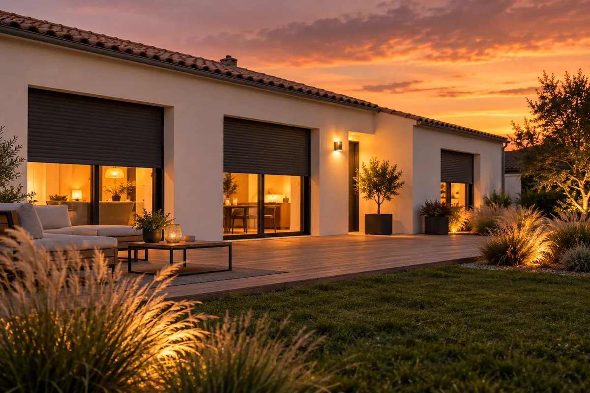 Holiday home in Vendée at sunset, roller shutters half closed, terrace lit up