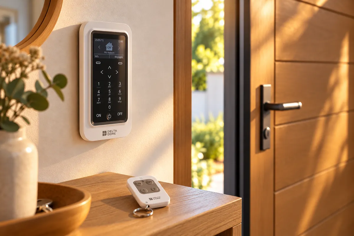 White Delta Dore alarm keypad fixed to a hallway wall, by the door