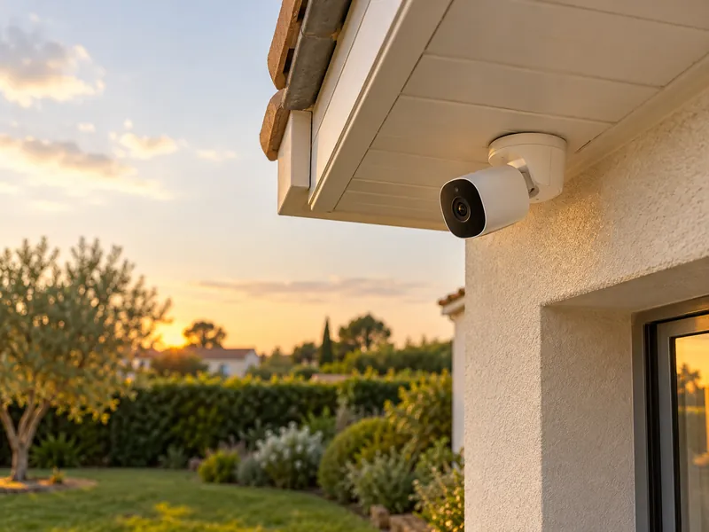 Outdoor camera fixed under the roof overhang, garden at sunset