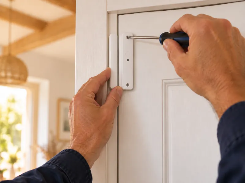 Détecteur d'ouverture d'alarme vissé sur le cadre d'une porte