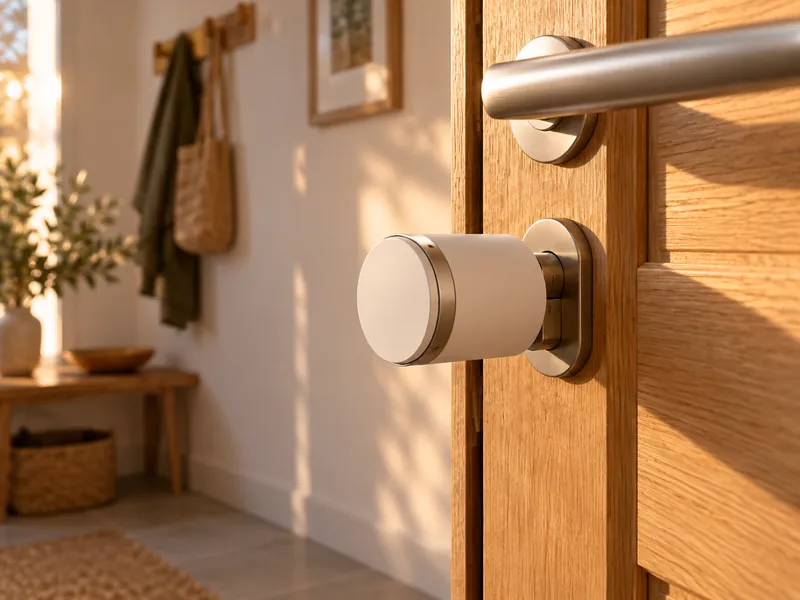 Serrure connectée posée côté intérieur d'une porte d'entrée