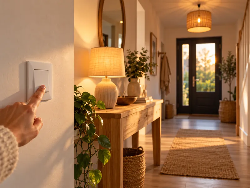 Main sur un interrupteur mural, lampe et plafonnier allumés