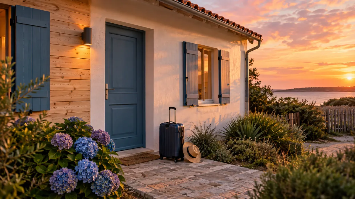 Suitcase in front of the door of a holiday home in Vendée, at dusk
