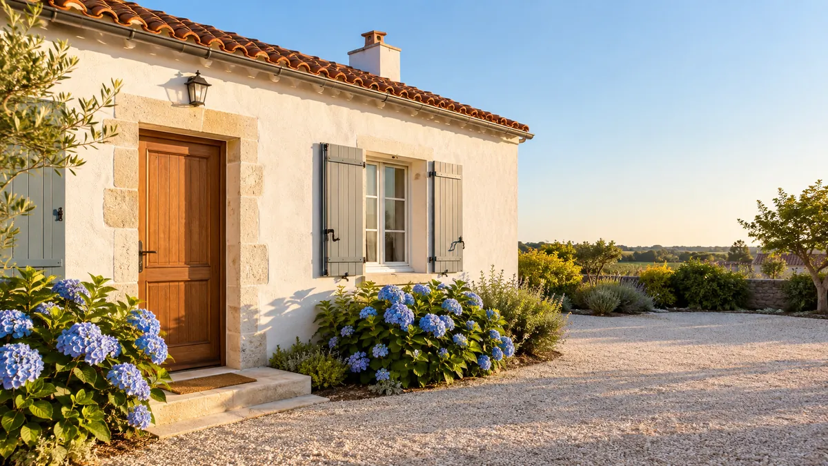 Wooden front door of a Vendée house, white walls and blue hydrangeas