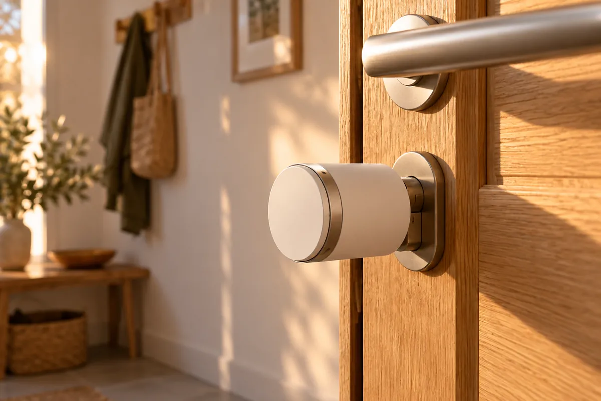 White smart lock fixed on the inside of a wooden door, in a bright hallway