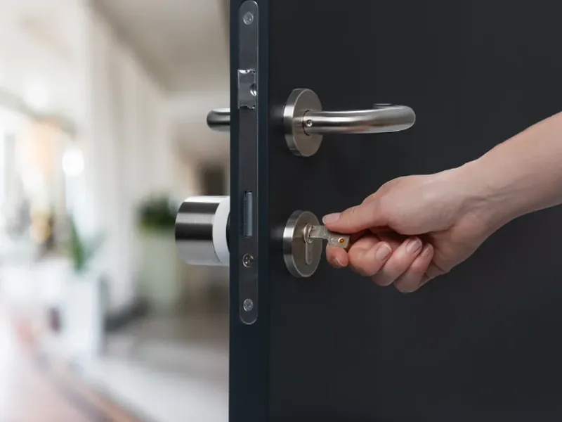 A hand opening the door with a key from outside; the Nuki lock is fitted on the inside